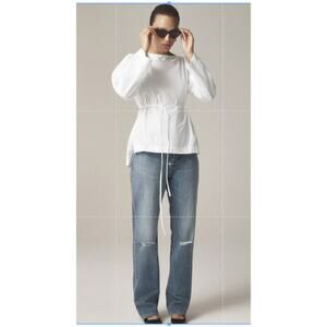 J.Crew Ciel Top Womens M White Poplin Boatneck Side Button Waist Tie CI507 LS